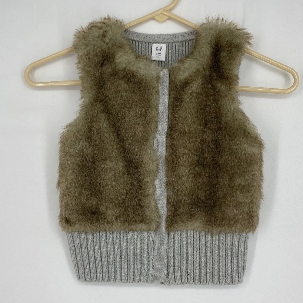 Baby Gap Toddler Size 2 Years Zip Front Sweater Vest Heather Gray Faux Fur Front